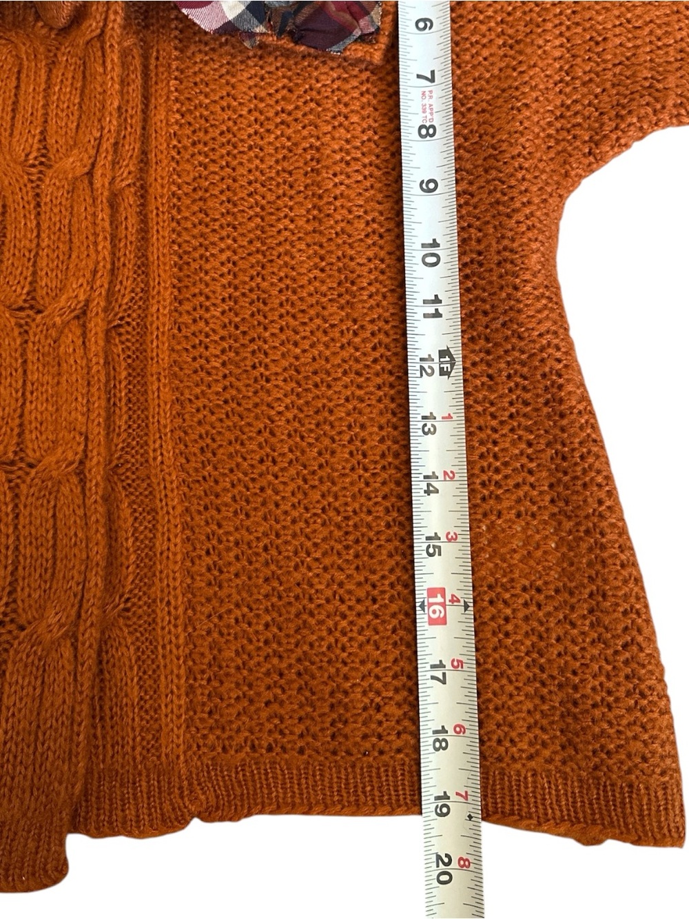 E-vie Orange Cable Knit Cardigan Upcycled Plaid Ruffle Collar Artsy OOAK Medium - Picture 8 of 9